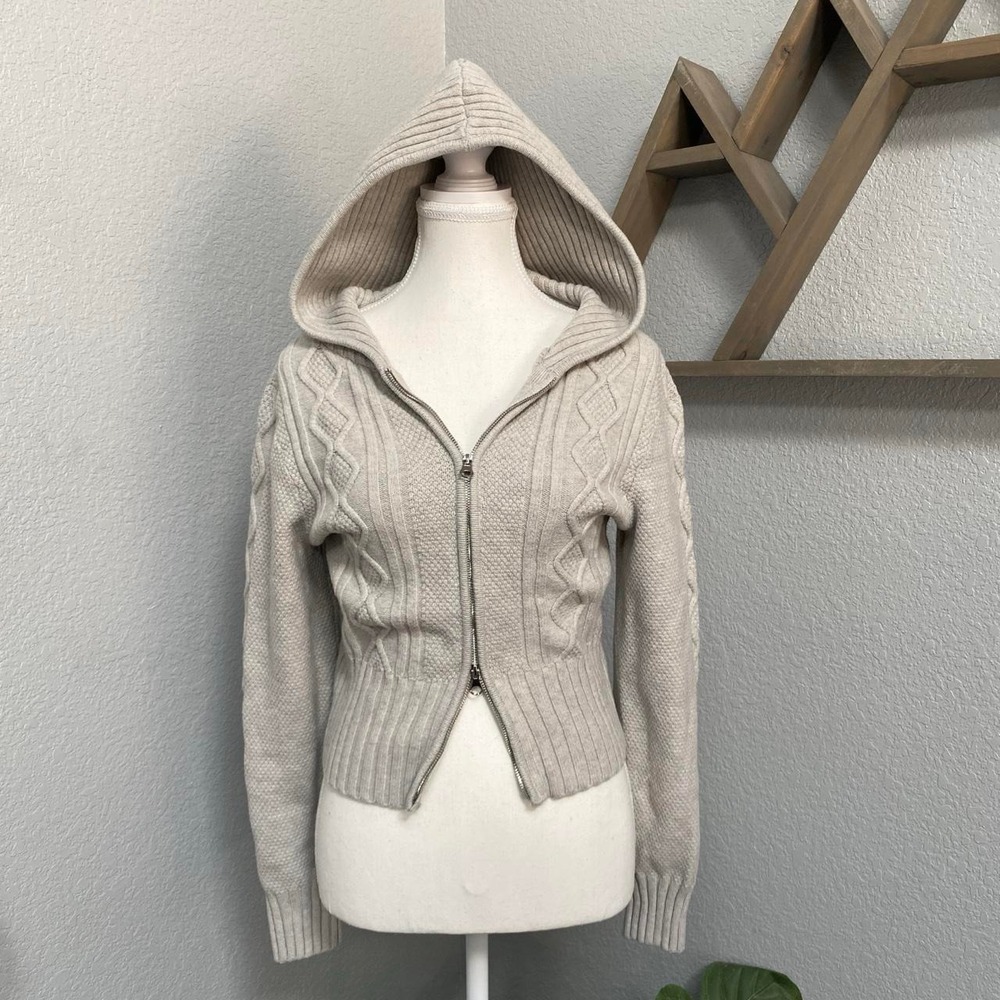 WILD FABLE CREAM GREY CABLE KNIT ZIP UP HOODIE SWEATER GRUNGE DARK COTTAGECORE